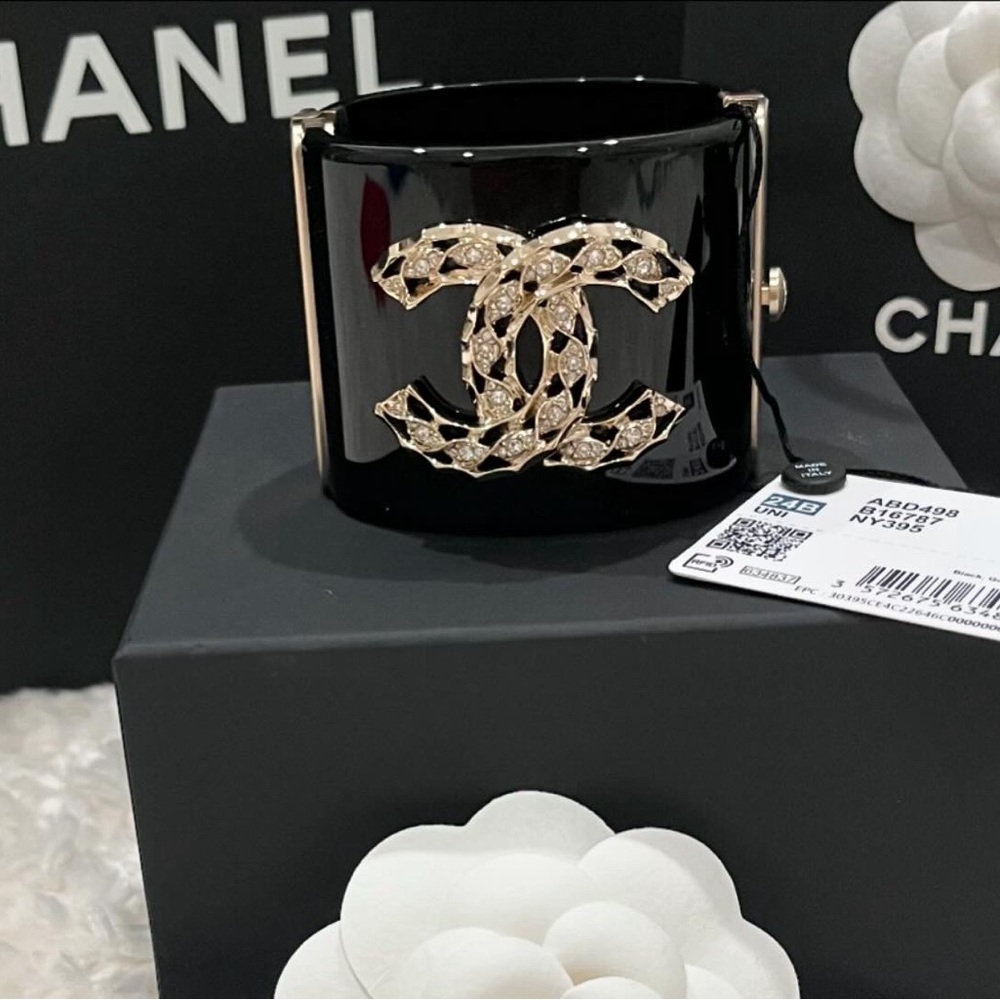 ❌SOLD❌Chanel 24B Black gold crystal CC Logo Cuff Bracelet - NEW with RECEIPT!